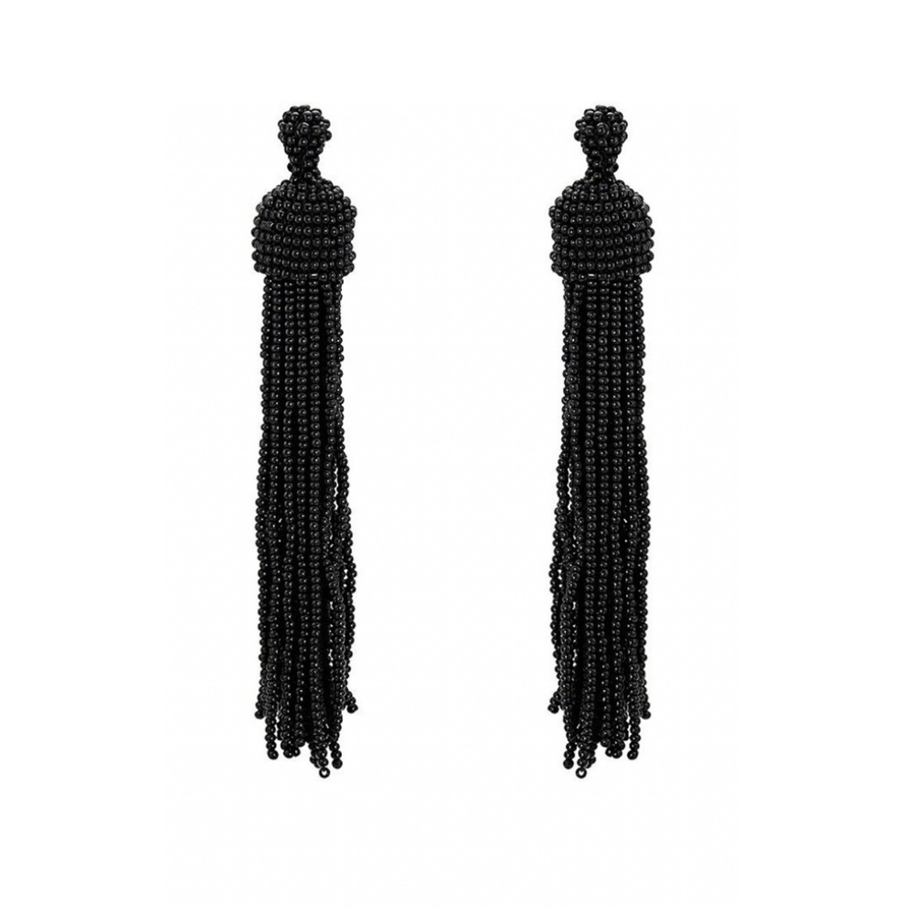 Kenneth Jay Lane Beaded Long Tassel Earrings Black